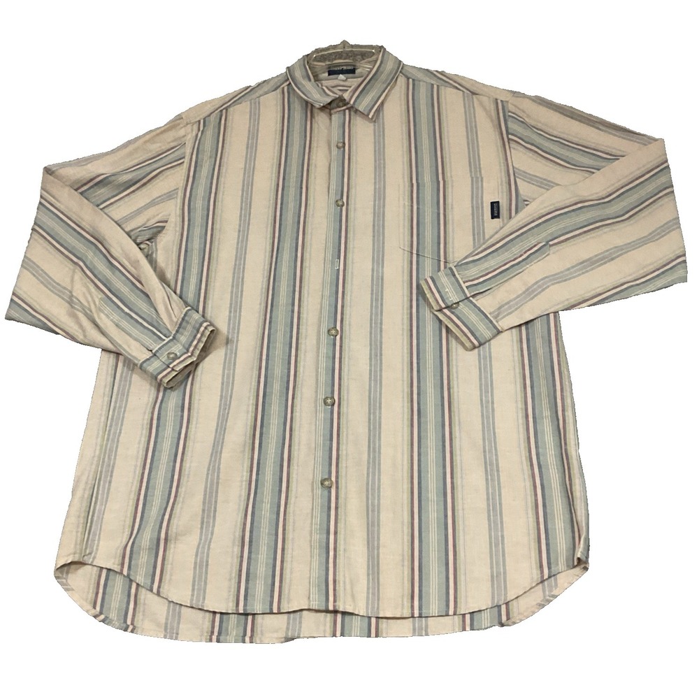 VTG Guess Jeans Shirt Mens XL Blue Beige Stripped Colorblock Preppy Streetwear